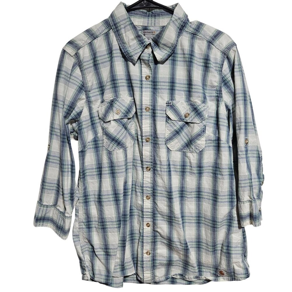 Carhartt Button Up Shirt Womens Size Large Blue White Plaid Roll-Tab Sleeves
